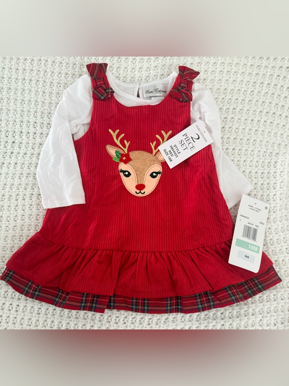 Rare Editions Baby Girls 2-Piece Reindeer Corduroy Dress Set in red/white Sz 18